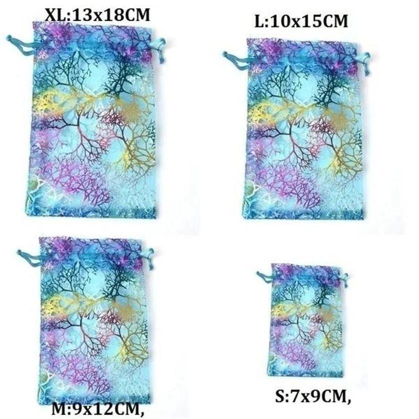 100 Pcs Rainbow Hot Stamping Coral Gauze Bag Blue Drawstring Drawstring Drawstring Jewelry Packaging Holiday Gifts Candy Bags