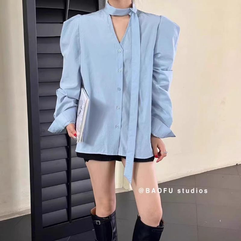 

Spring Summer Women s Puff Sleeve Tie Neck Blouse V Neck Button Down Shirt S синій