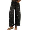 Women's Vintage Floral Daisy Print Wide Leg Jeans High Waist Ruffle Hem Patchwork Loose Denim Pants
