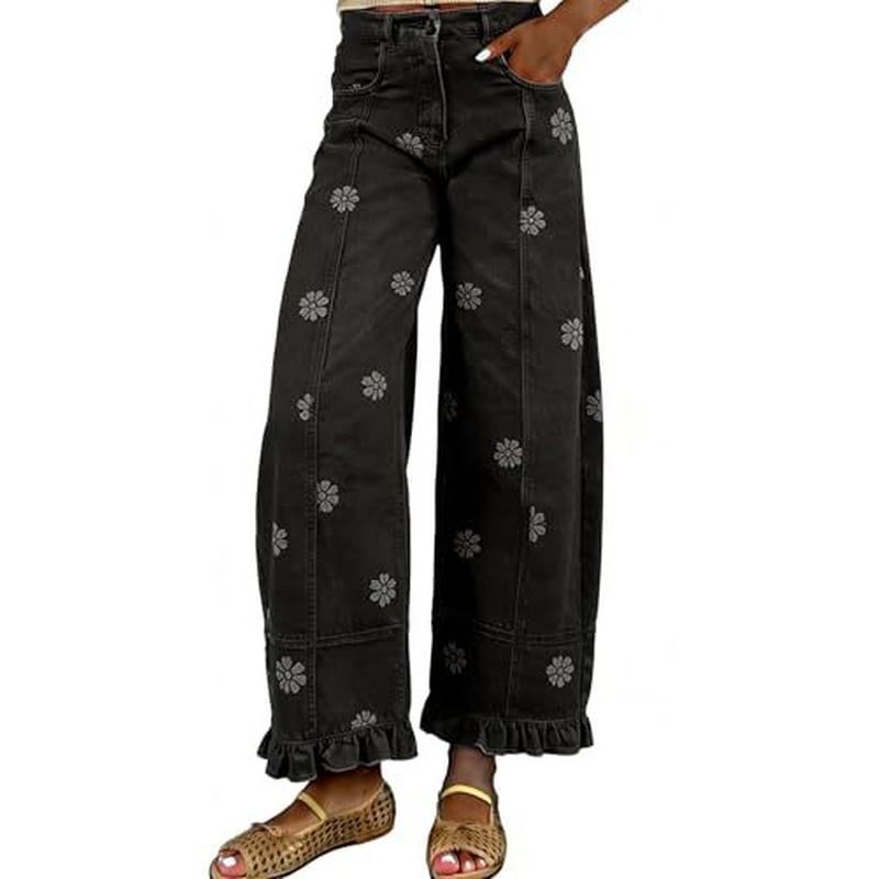 Women's Vintage Floral Daisy Print Wide Leg Jeans High Waist Ruffle Hem Patchwork Loose Denim Pants
