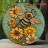 Rustic Bee Floral Round Metal Wall Art Vintage Green Distressed Honeycomb Decor