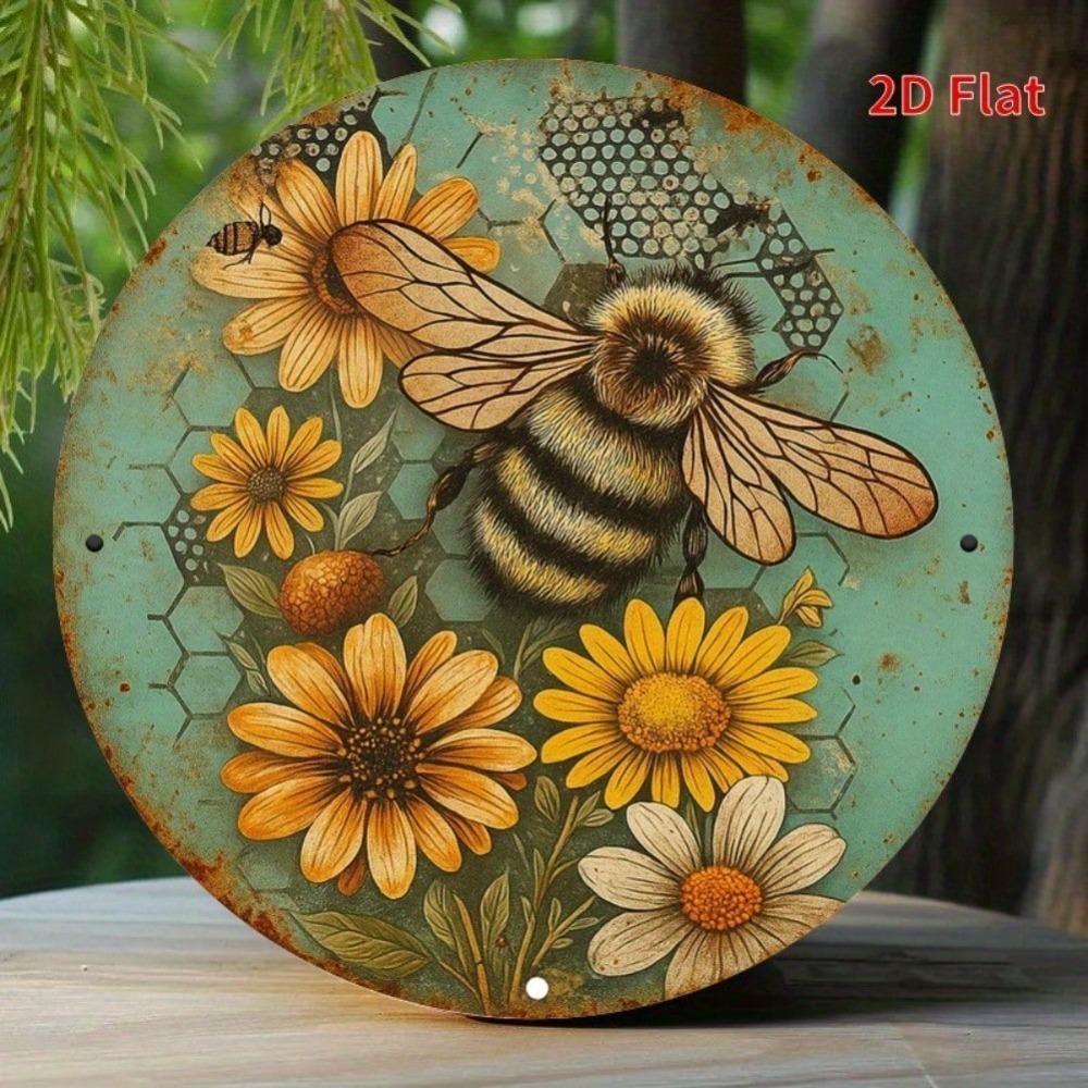 Rustic Bee Floral Round Metal Wall Art Vintage Green Distressed Honeycomb Decor