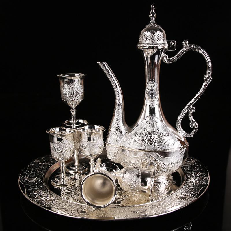 8Pcs/Set Retro Zinc Alloy Wine Cup Kettle Tray Kit Home Wedding Decor Container Kitchenwear Drinkwear