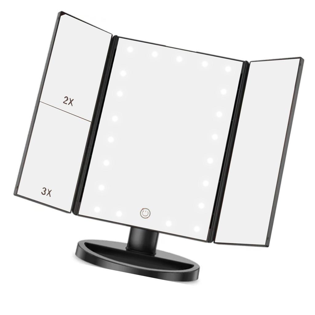 LED Vanity Mirror Three Fold USB Black with Data Cable Small Mirror Makeup Mirror for Bedroom Daily