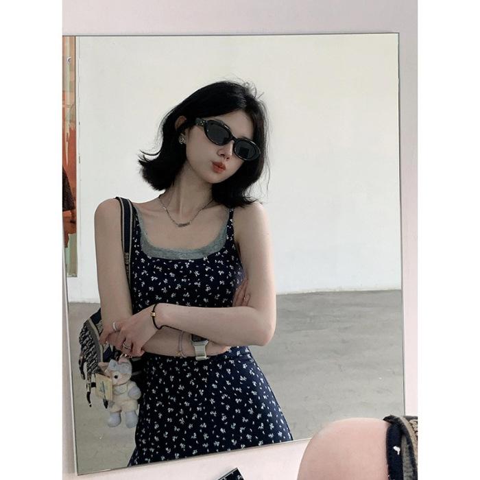 Fake two-piece suspender floral dress for children s summer new popular seaside vacation temperament beautiful long dress S