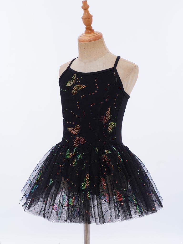 Girls Ballet Tutu Dress Cross Back Shiny Sequin Butterfly Embroidery with Built In Briefs