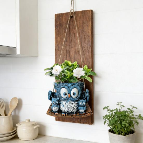 Flowerpot Blue Owl Resin Ceramic Hanging Planter with Detailed Texture Weather-Resistant Indoor Outdoor Decorative Plant Holder