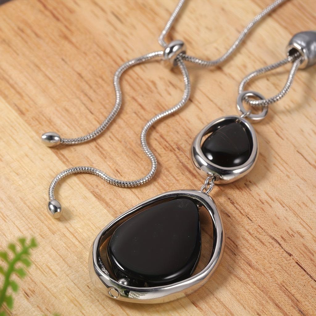 1pc Light Luxury Sweater Chain Necklace | Versatile Drop-Shaped Black Stone Pendant | Suitable for Daily Gatherings and Various