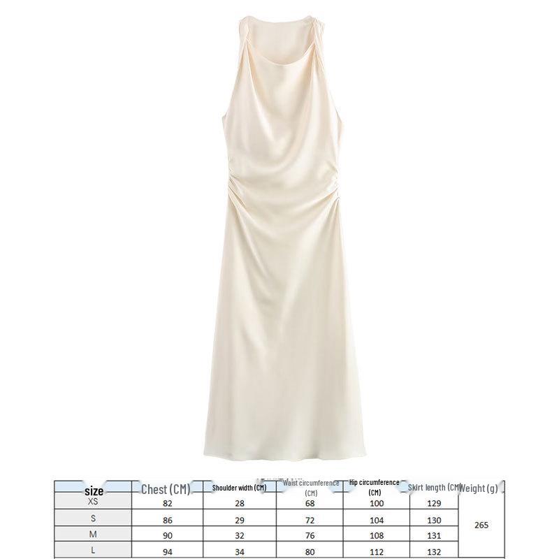 2024 European and American Fashion Black Silk Satin Midi Dress - Round Neck Sleeveless Design