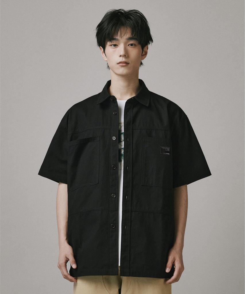 Beodeonteu Oversized Canvas Cutout Work Shirt [Black]