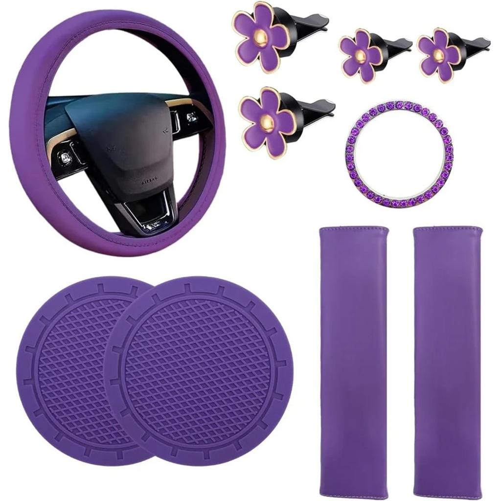 10pcs Women's Leather Steering Wheel Cover, Car Accessories Set With Seat Belt Shoulder Pads,  Start Button Ring Sticker, Vent Clip, Car Accessories