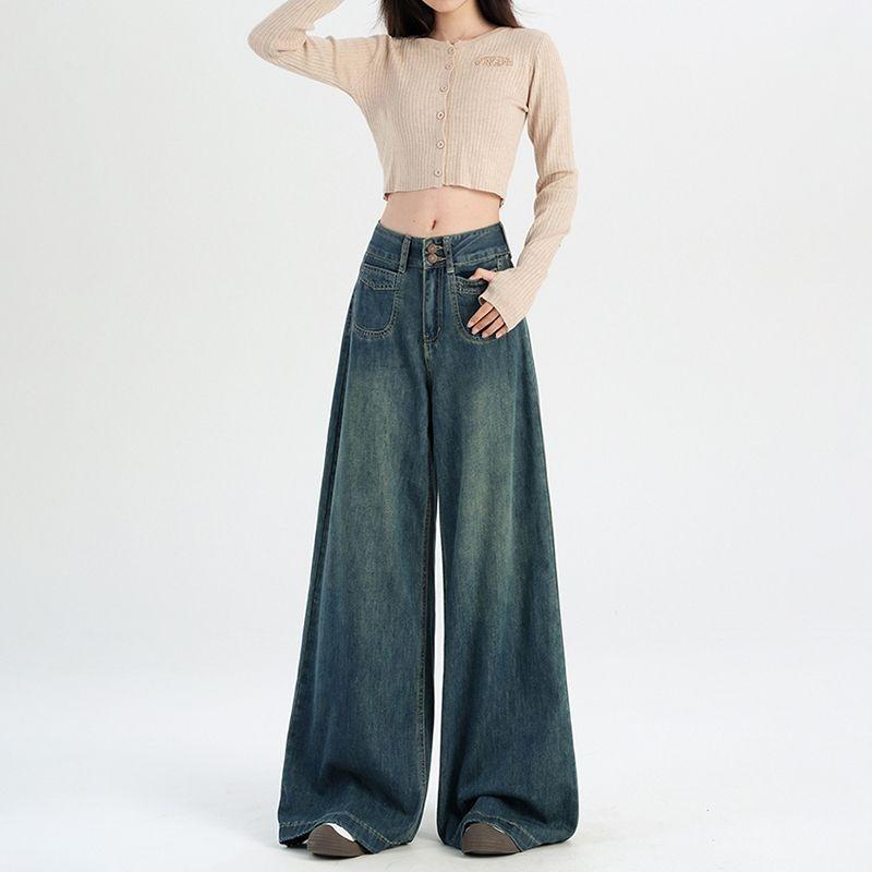 

Осенние винтажные шикарные узкие женские джинсы с высокой талией на пуговицах, американские простые повседневные модные мешковатые джинсы для женщин S синий