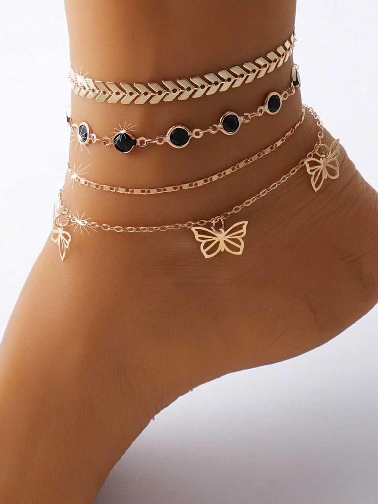 European & American Multi-Layer Crystal Chain Butterfly Anklet - Beach Style Foot Jewelry