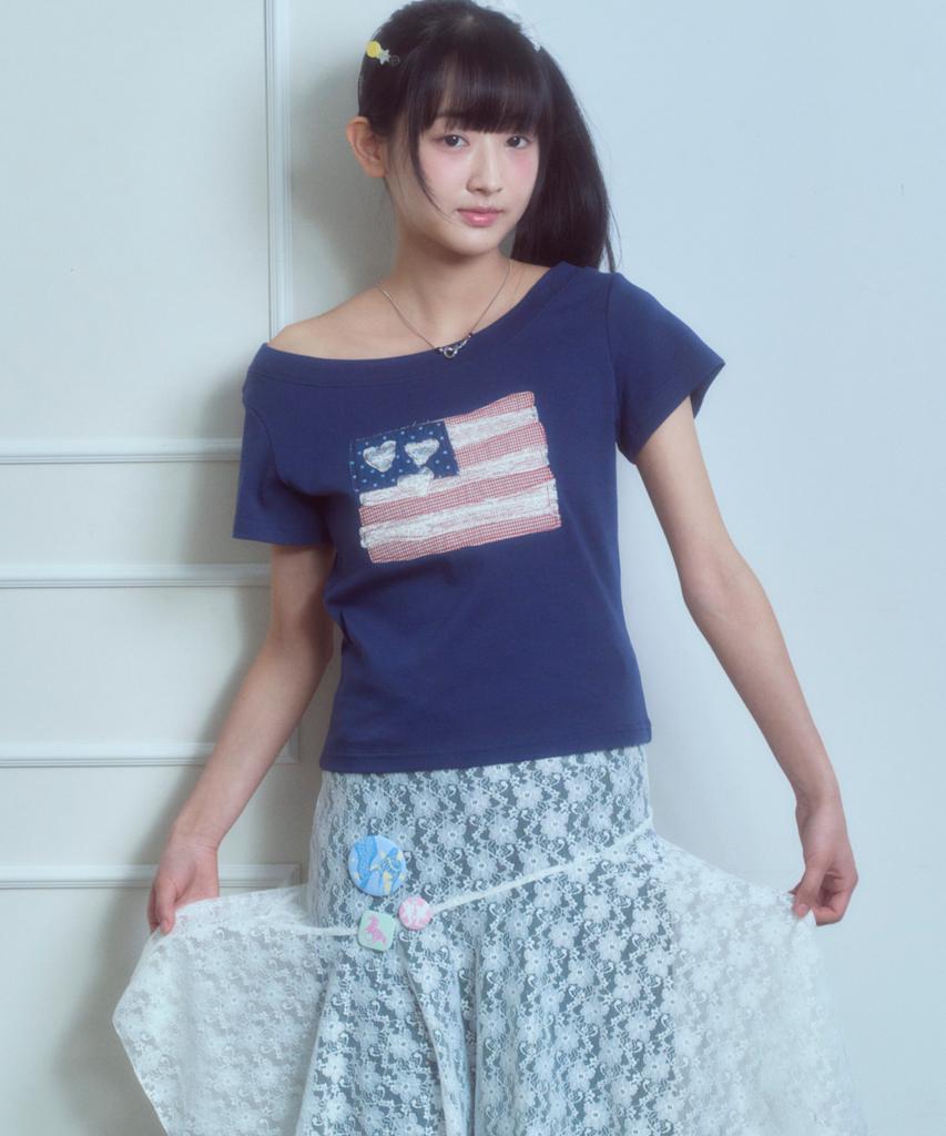 Loginaenloji Usa Banner Lace One Shoulder T-Shirt Navy
