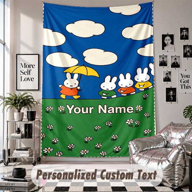 Wall Hanging Tapestry With Custom Name & Text, Miffy Decorative Tapestry For Bedroom