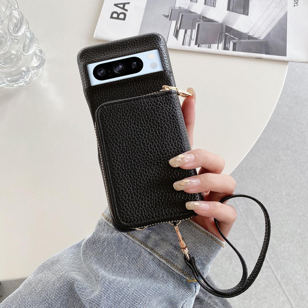 For Google Pixel 8 Pro Case Zipper Card Slots PU Leather Phone Back Cover with Wrist Strap