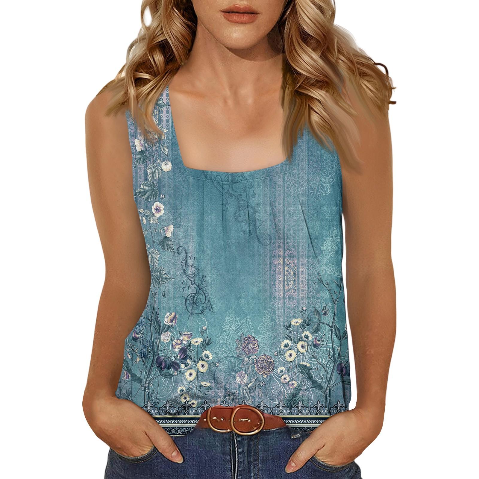 

Женская повседневная мода темперамент элегантный квадратный вырез диапазон цветочный принт топ M небесно-голубой