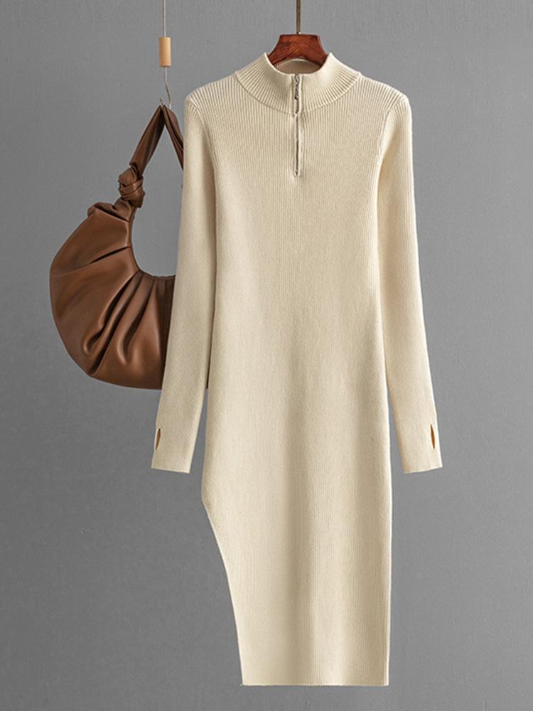 

Трикотажные платья на молнии для женщин 2024 года, осень-зима, полуводолазка, длинное облегающее однотонное платье для женщин, платья с разрезом до бедра и миди One Size абрикосовый