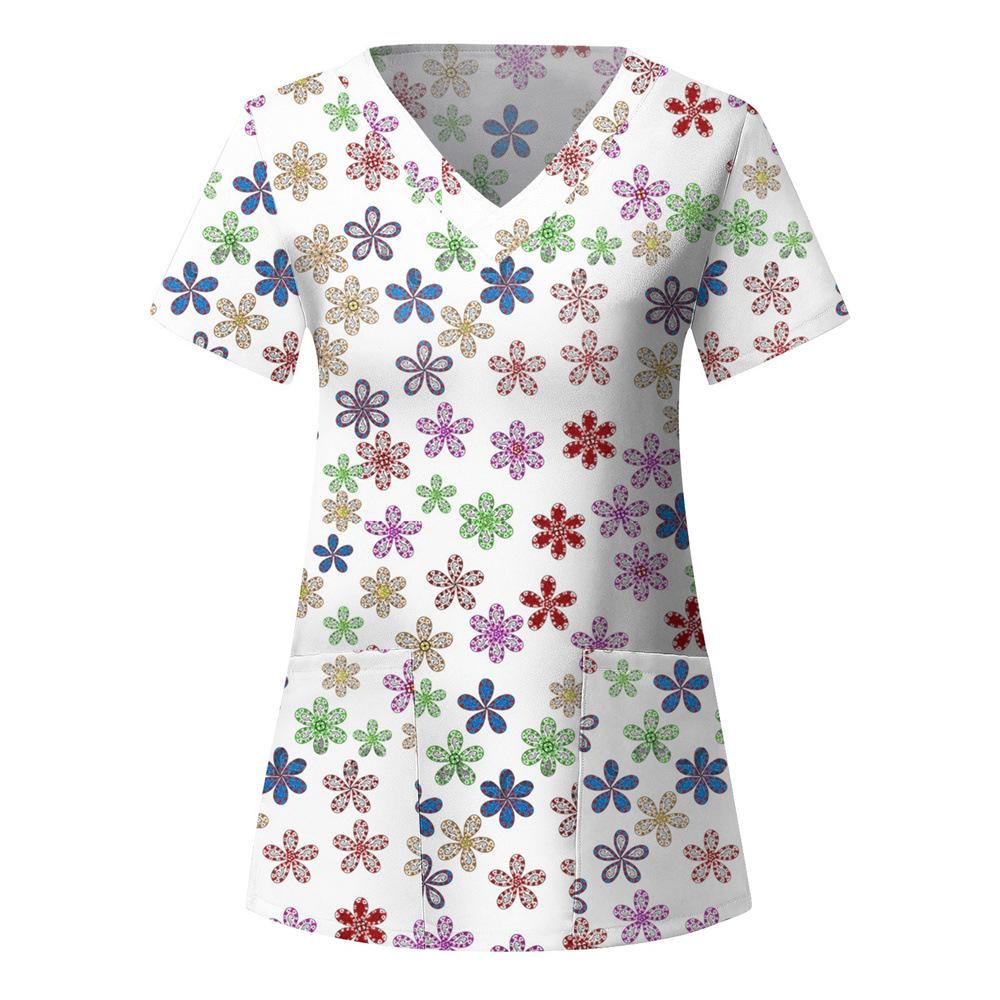Women's T-shirt V-neck Nurse Uniform Casual and Comfortable Short Sleeved Women's Dreamy Printed T-shirt