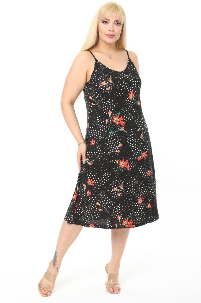 Women's Big Size Dress Black Lily Pattern Cotton Viscose Rope Strap Dress