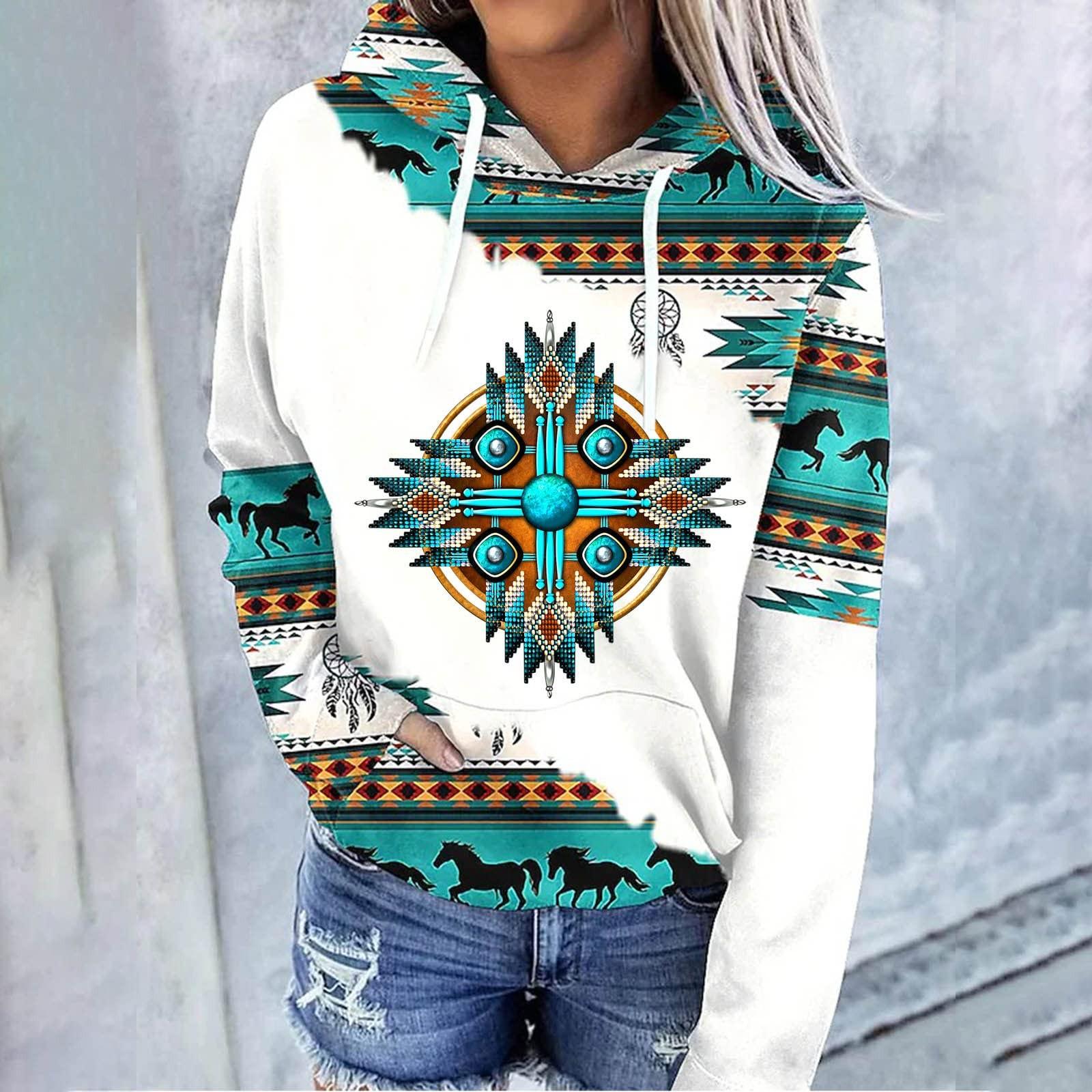 

Жіночий модний повсякденний светр у етнічному стилі з принтом і капюшоном з довгими рукавами XXL світло-синій колір