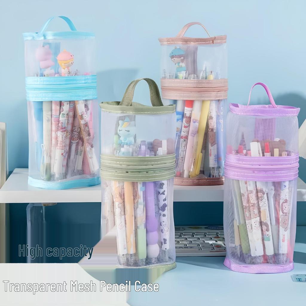Transparent Two-Way Cylindrical Mesh Pen Holder & Pencil Case