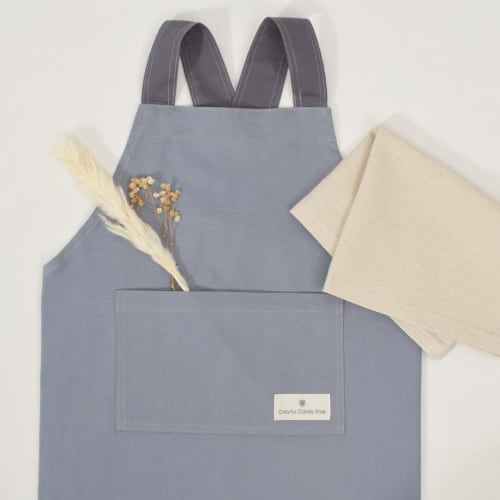 Colorful Candy Style Back Cross Children's Apron (100-120cm) in Solid Color or Grayish Blue, Boys', Easy-to-Put-On, Includes Triangle Scarf Set (N7909