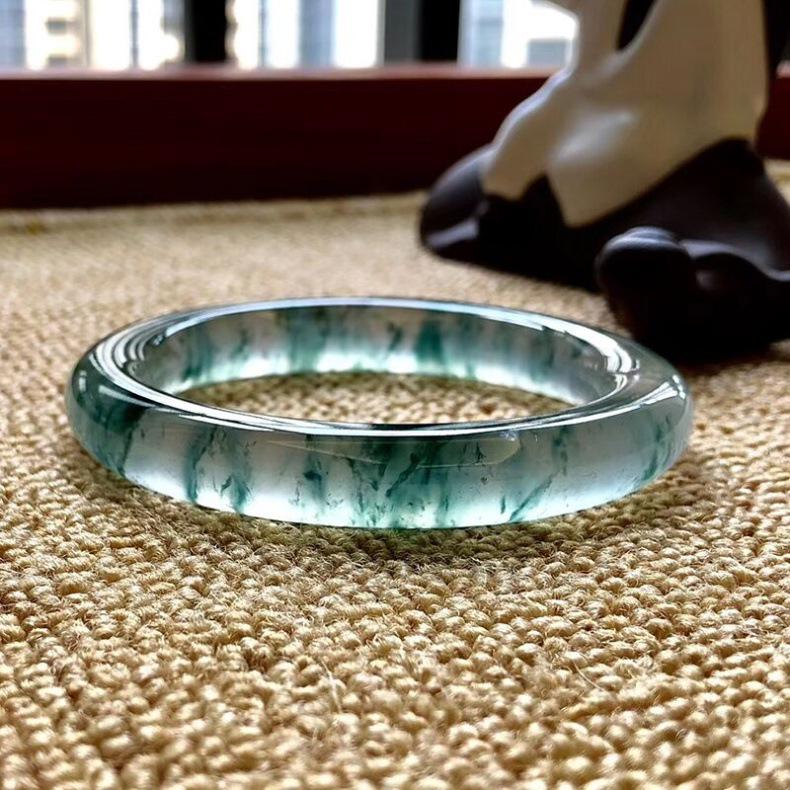 Ice-Clear Natural Jadeite Bangle - Floating Flower Design, Myanmar Jade, Women's Gift Style