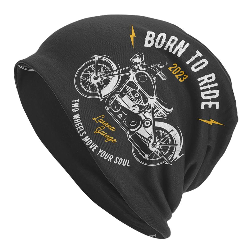 Biihudu Skull Beanie - Black Motorcycle Design With "Born To Ride" & "Two Wheels Move Your Soul" Print, Stylish Polyester Knit H