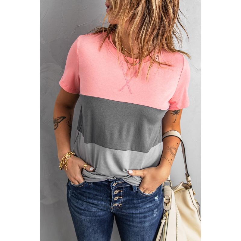 Spring Summer Color Blocked Short Sleeved T-shirt Women's Loose Versatile Top Color Blocked