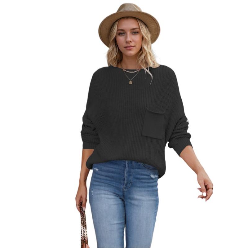 Winter Hot Sale Solid Color Chic Pocket Decorative Crew Neck Women's Bottom Knitted Sweater Pullover Sweater