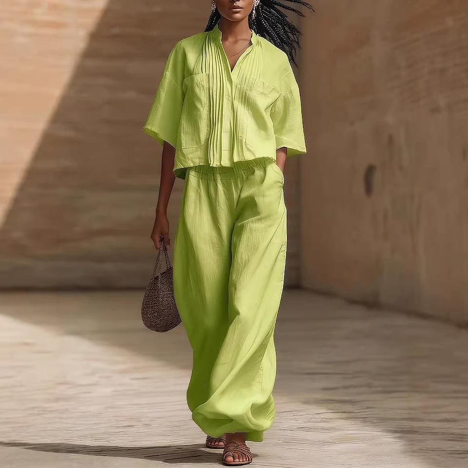 women's Pleated Stand Collar 2 Piece Set Short Sleeve Shirt Wide Leg Pants Casual Summer Outfit