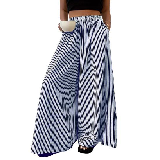 Women Pants with Pockets Casual Wide Leg Trousers with Elastic S синий