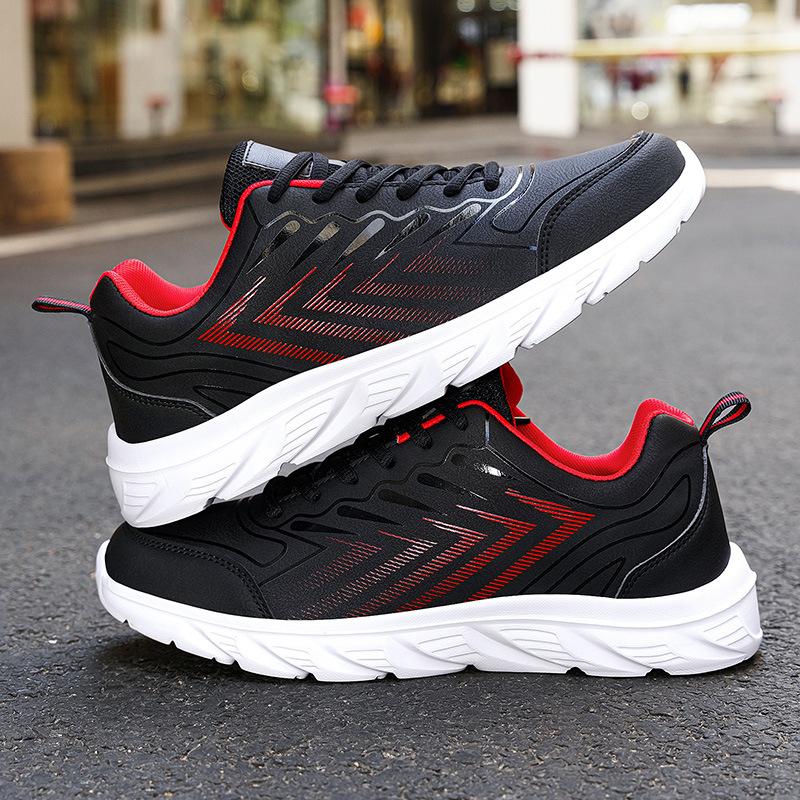 New spring black running shoes men's leather sneakers waterproof and non-slip casual travel shoes