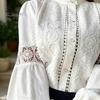 Stehkragen Bluse Damen Stickerei Spitze Hemd, Herbst Laternenärmel Bluse, Hemden Normale Passform Einfarbige Knopfleiste Lässig Formell Oberteil Polyester