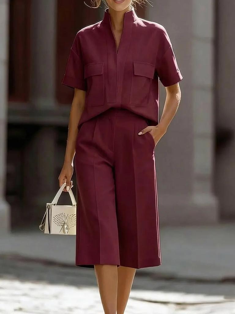 White Short Sleeve V Neck Pocket Top and Wide Leg Mid-Cropped Pants Two Piece Set