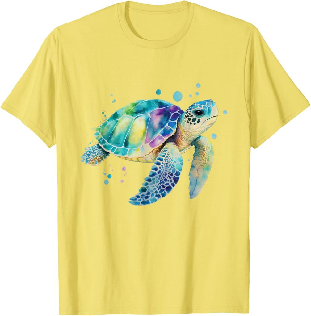Watercolor Sea Turtle Graphic Tee Breathable Cotton Casual T-Shirt for Men Beach Trip
