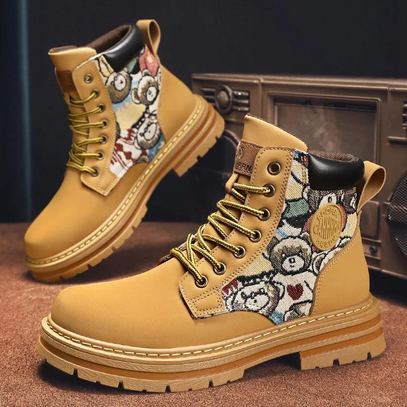 Мода 2025 Новые зимние ботинки Мужская обувь для пары Походные Ретро Уличные Женские Повседневные Ботинки Мужские Высокие Походные Кожаные Кроссовки 39 жёлтый 3719₽