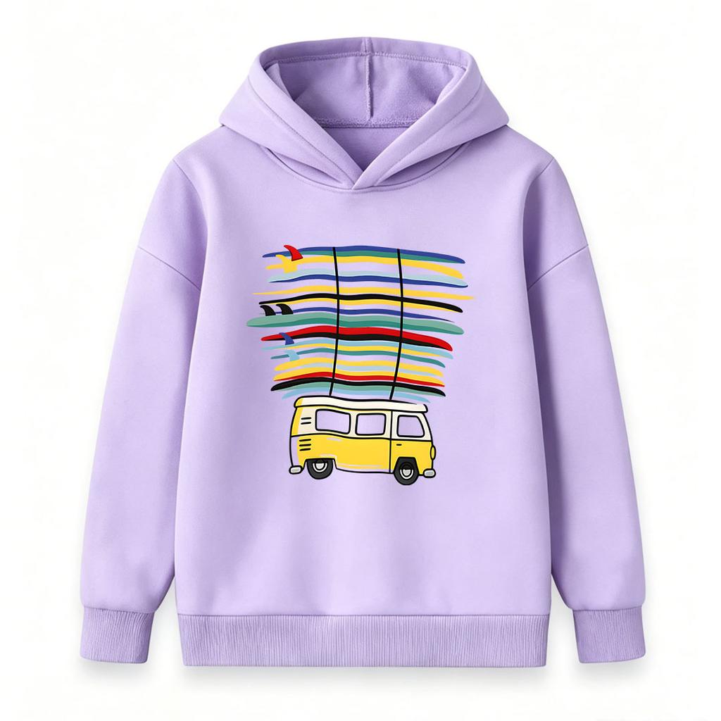 Kids Boys Girls Pullover Hoodie, Retro Van Surfboard Print Casual Long Sleeve Hooded Sweatshirt, Soft Comfortable Tops for Surfing Lovers Daily Outdoo