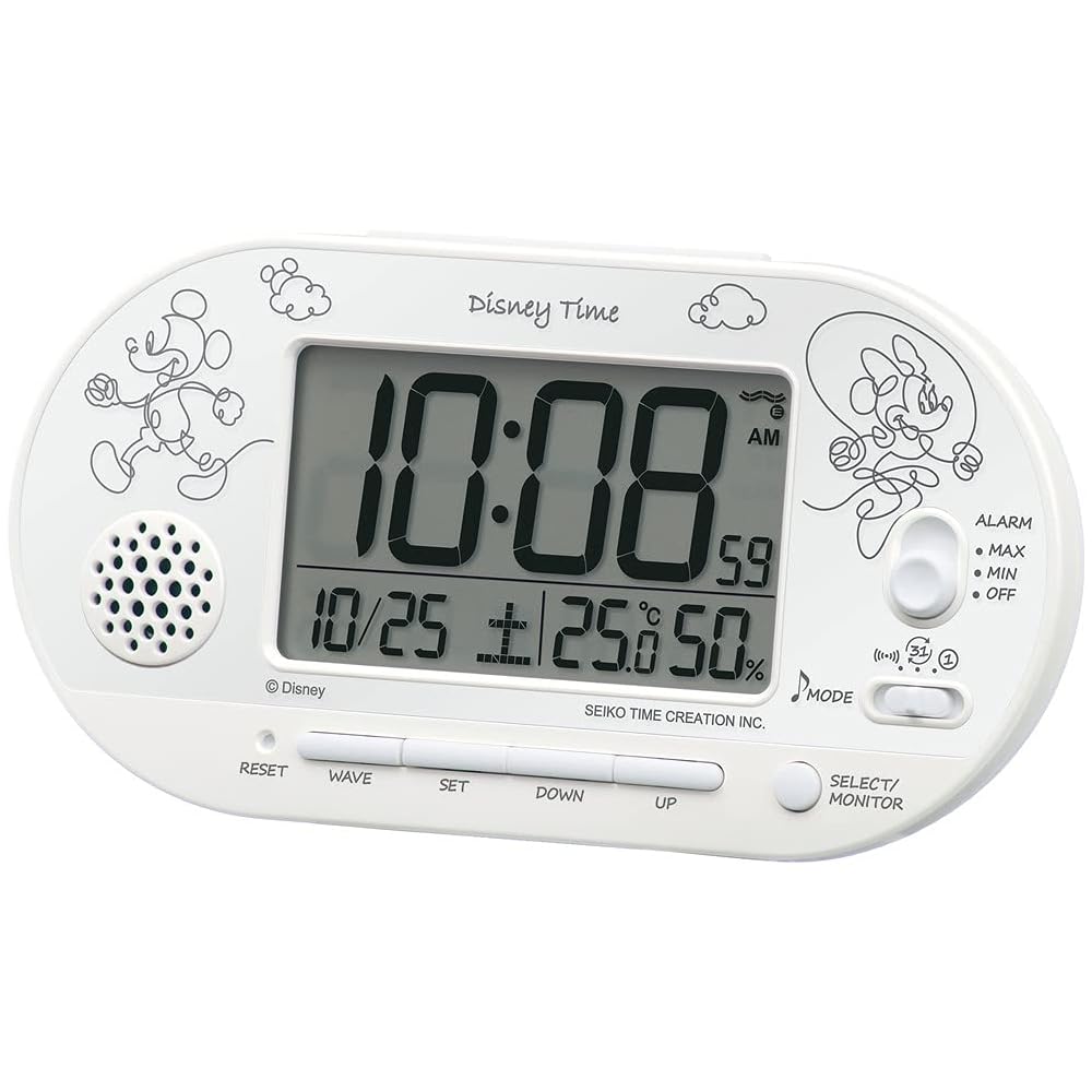 Seiko Clock Alarm Clock, Table Clock, Character Design, Disney Mickey Mouse & Minnie Mouse, Disney Time, Radio Controlled, Digital, White Pearl, 81 x