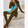 Euroamerikanische Mode 3D Leopardenmuster Damen Vier-Jahreszeiten Langarm T-Shirt + Lange Hose Zweiteiliges Set. Perfektes Geschenk zum Valentinstag
