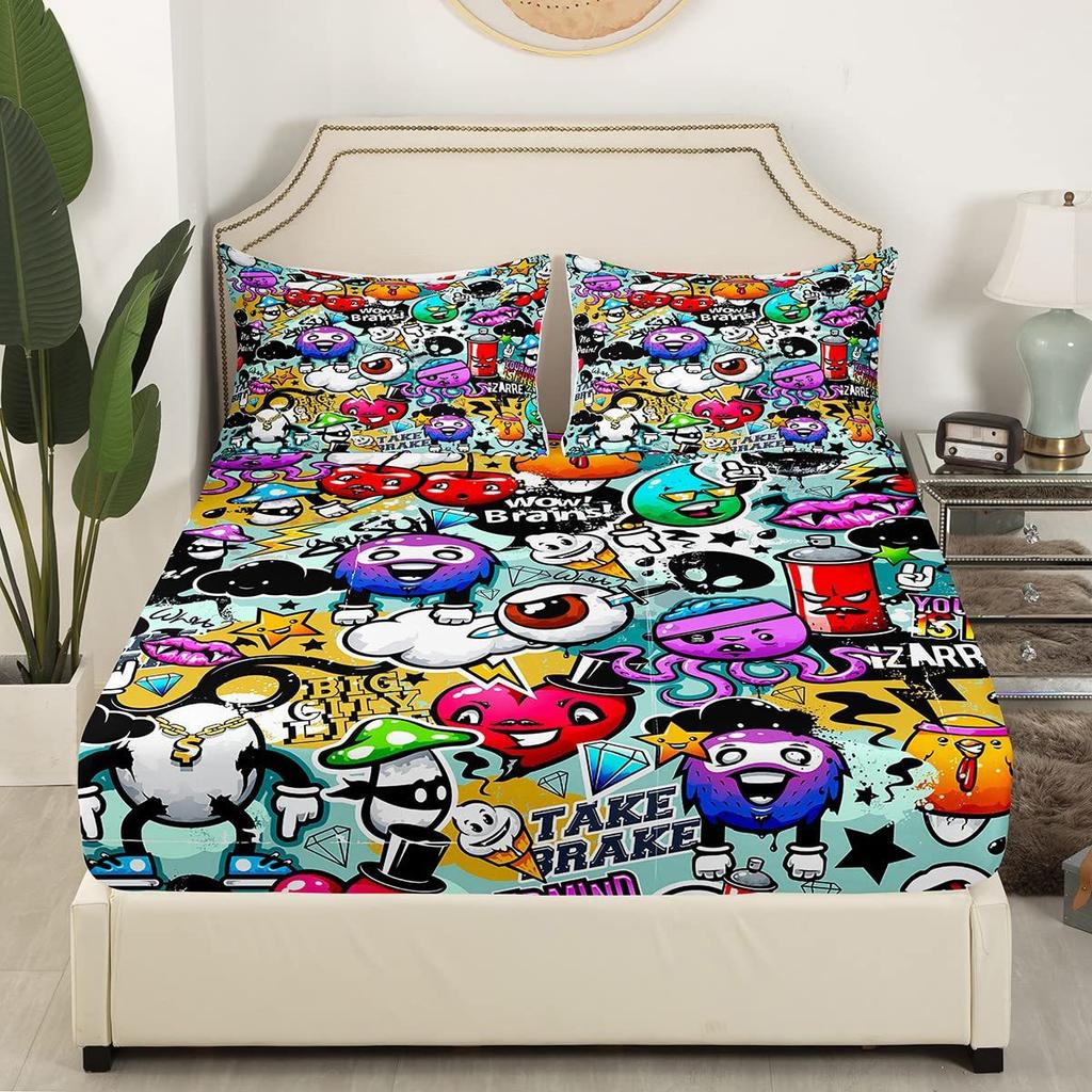 Cartoon Graffiti Muster Bettmütze Dreiteilig Digitaldruck Bettwäsche Bettmütze Dreiteiliges Set Kinder Und Erwachsene