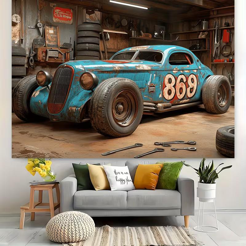 Tapisserie Voiture de Course Rouillée Vintage Hot Rod Garage Man Cave Art Mural