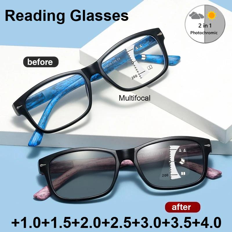Classic Square Photochromic Multifocal Reading Glasses High-definition Anti-blue Light Vintage Wood-grain Leg Eyeglasses