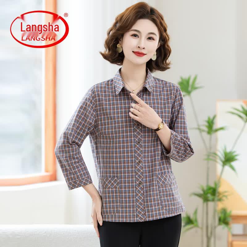 Langsana Women s Summer Plaid Cotton 3/4 Sleeve Blouse 4XL