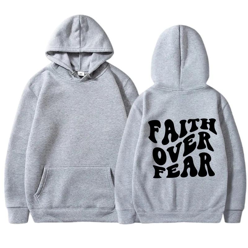 

FAITH OVER FEAR Women Plush Sweatshirt Solid Color Letter Print Kangaroo Pocket Drawstring Print Hoodie 3XL