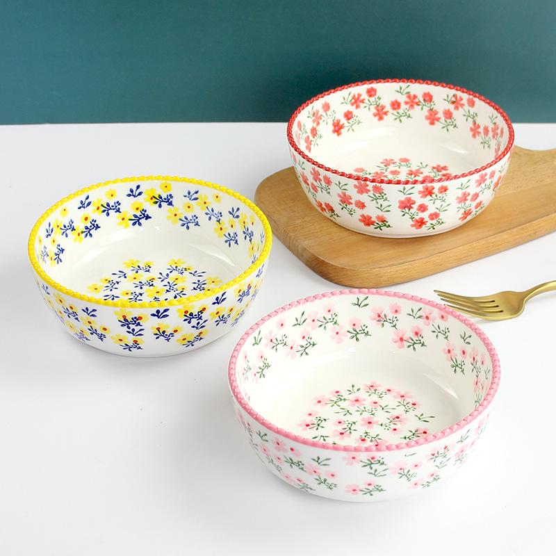 Charming Floral Ceramic Tableware Set: Underglaze Soup & Noodle Bowl, Deep Plate, Flower-Shaped Rice Bowl