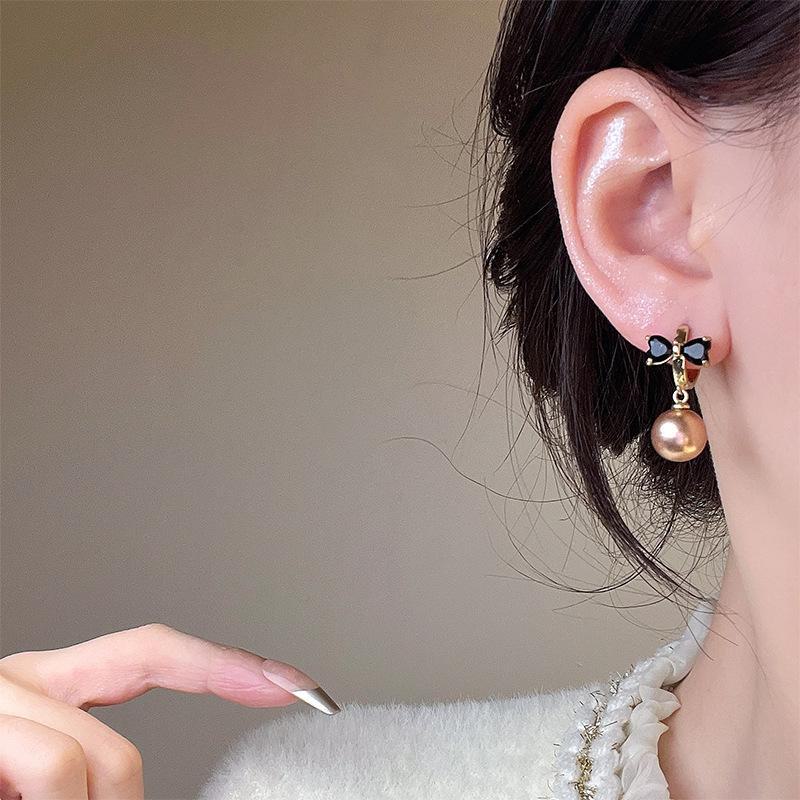 Elegant Black Rhinestone and Pearl Bow Earrings - Hong Kong Style Retro Design