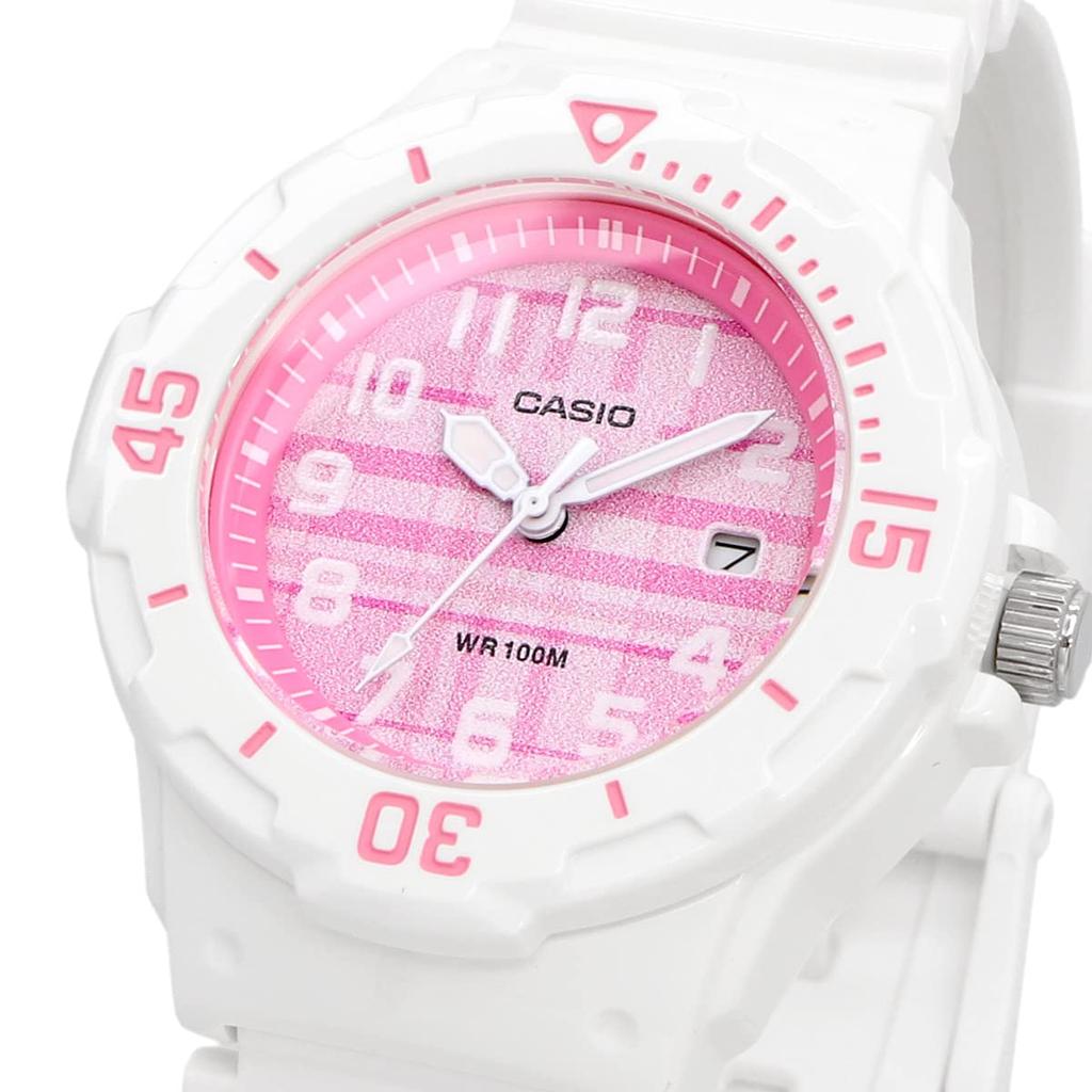 Casio LRW-200H-4CV Analog Watch for Women and Kids, Gloss White with Pink Check Pattern, Overseas Model [Parallel Import]