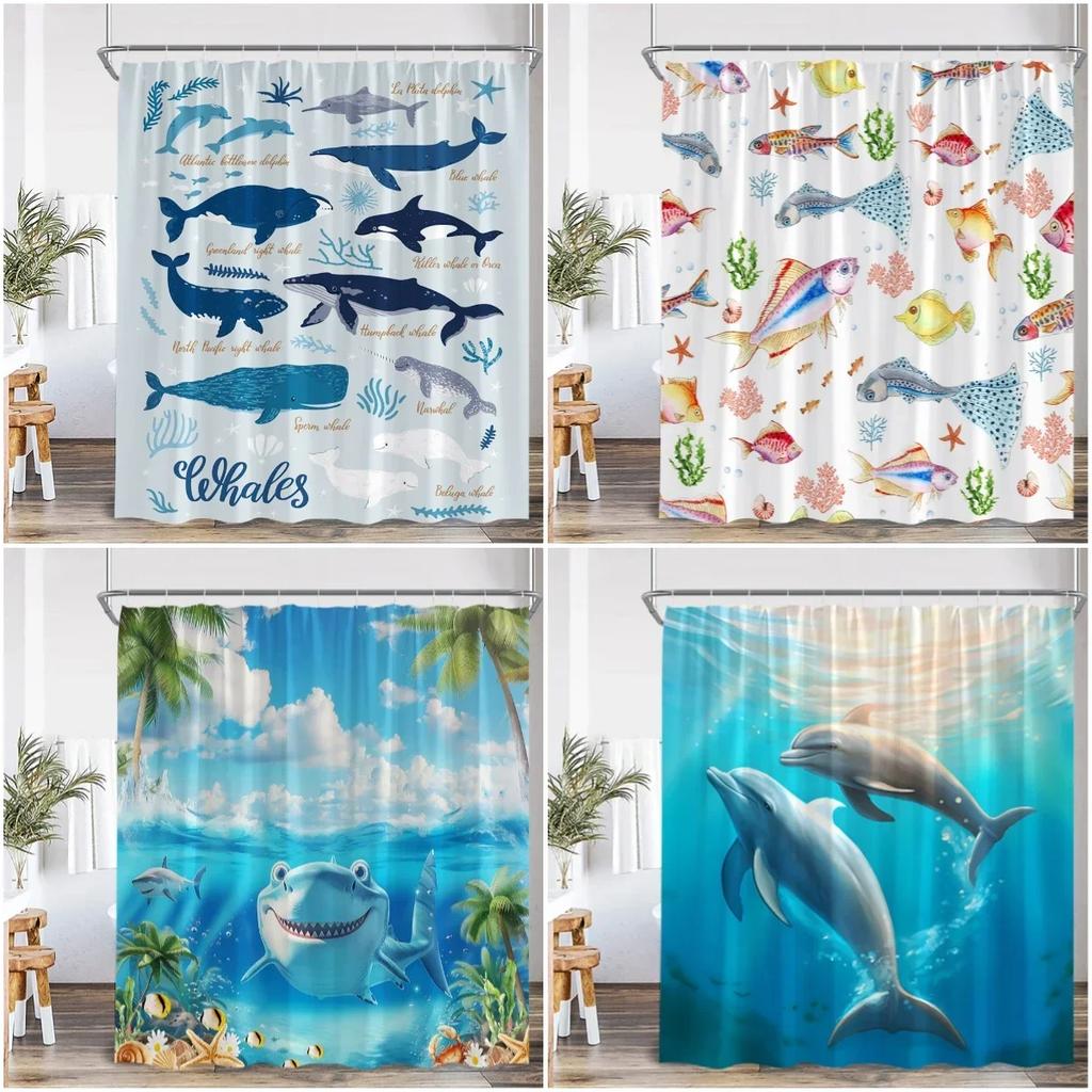 Ocean Animal Shower Curtain Sea Turtle Whale Shark Underwater World Bathroom Decorations Children'S Shower Curtain With Hook